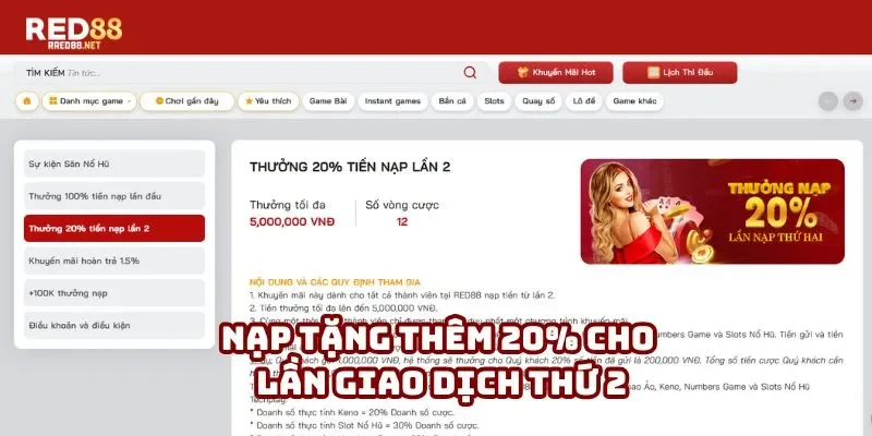 Nạp tặng thêm 20% cho lần giao dịch thứ 2 Nạp tặng thêm 20% cho lần giao dịch thứ 2